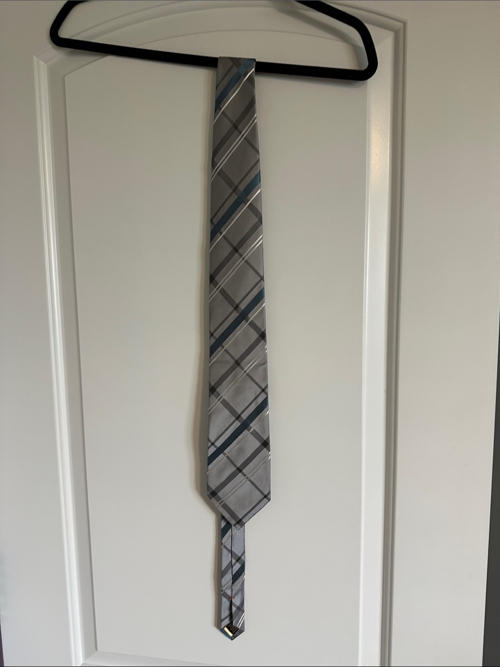 Men's Gray Plaid Tie with Blue Accent silk